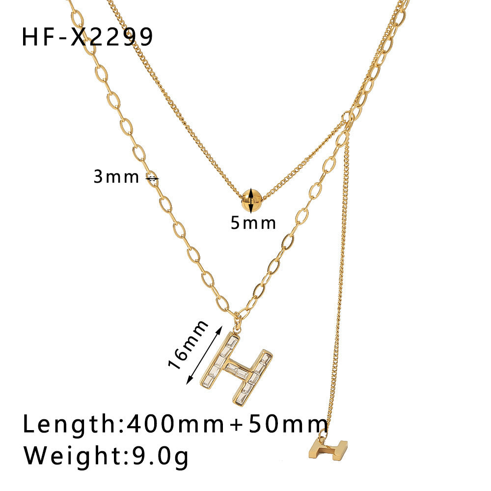 Minimalist Letter H Pendant Necklace for Women Titanium Steel Double Layer Beaded Sweater Chain with Rhinestone Inlay and 18K Vacuum Plating