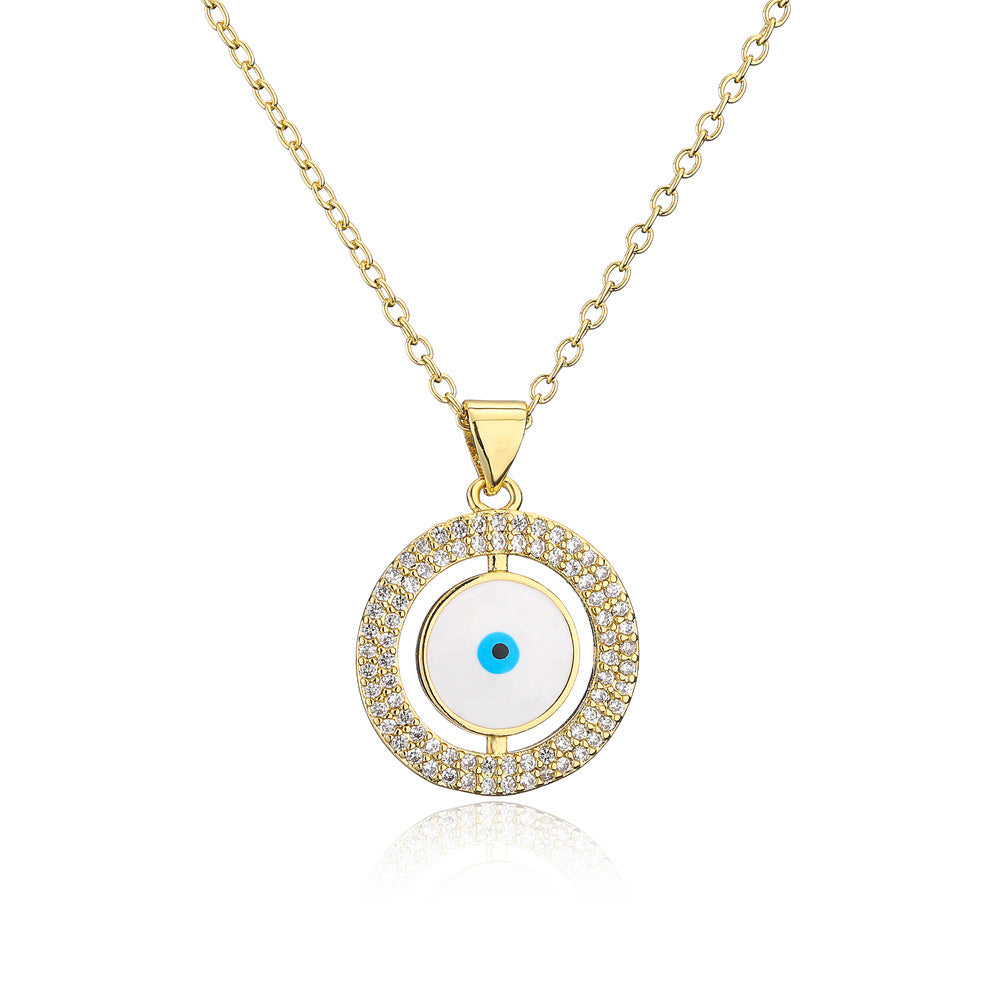 Geometric Drip Oil Brass Inlaid Cubic Zirconia Evil Eye Necklace with Cable Chain