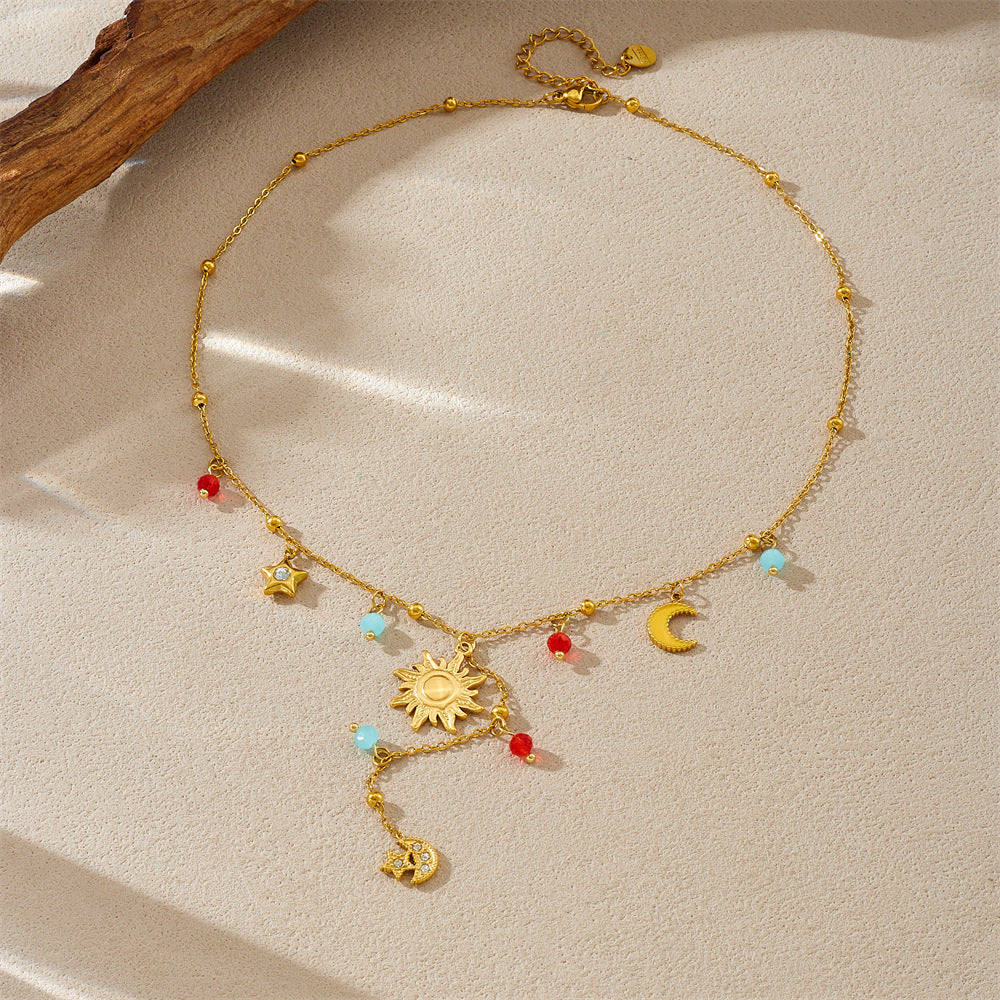 Vintage Elegant Star Moon Sun Pendant Stainless Steel Plated Y-Chain Necklace for Women