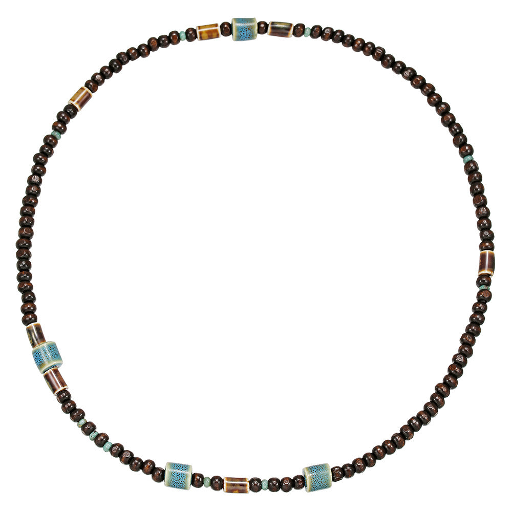 Vintage Ethnic Geometric Wood and Gemstone Cable Chain Necklace for Unisex
