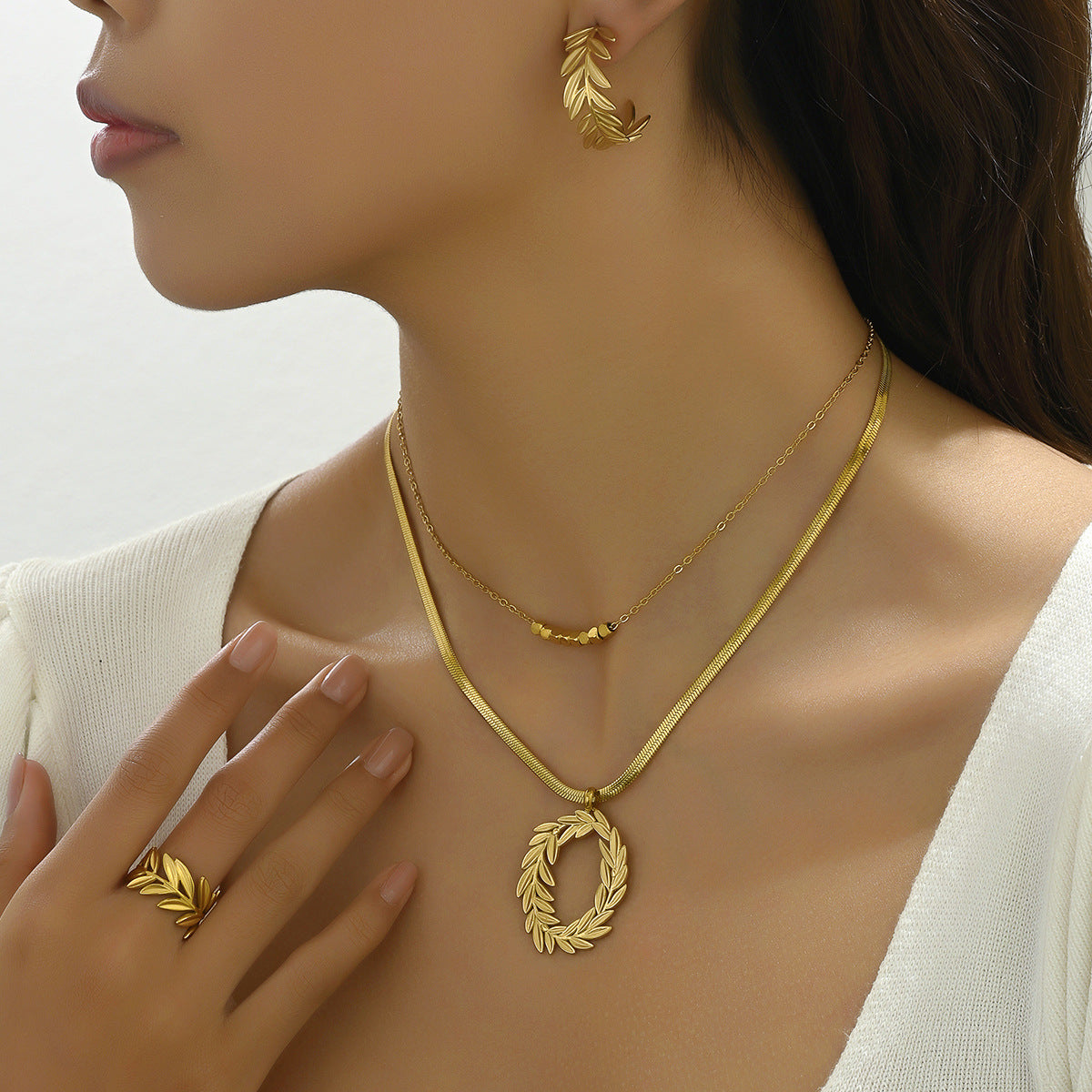 Juego de collar con colgante de espiga de trigo de estilo rústico para mujer con pendientes, anillo y pulsera con estampado floral y acabado chapado en cobre