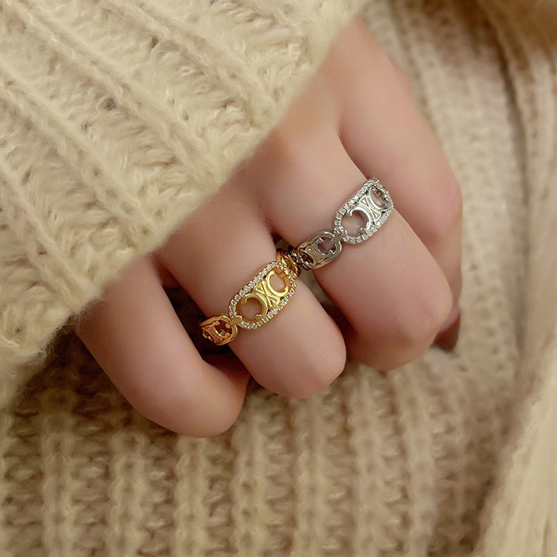 Minimalist Adjustable Hollow-Out Letter-Shape Ring for Women Made of Brass with Plating Finish