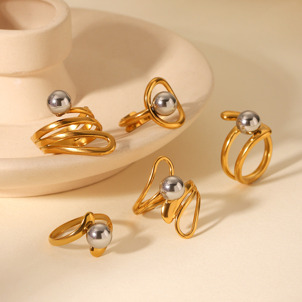 Geometric Ball-Shaped Titanium Steel Ring with Irregular Line Design for Women, Electroplated Stainless Steel Band Jewelry