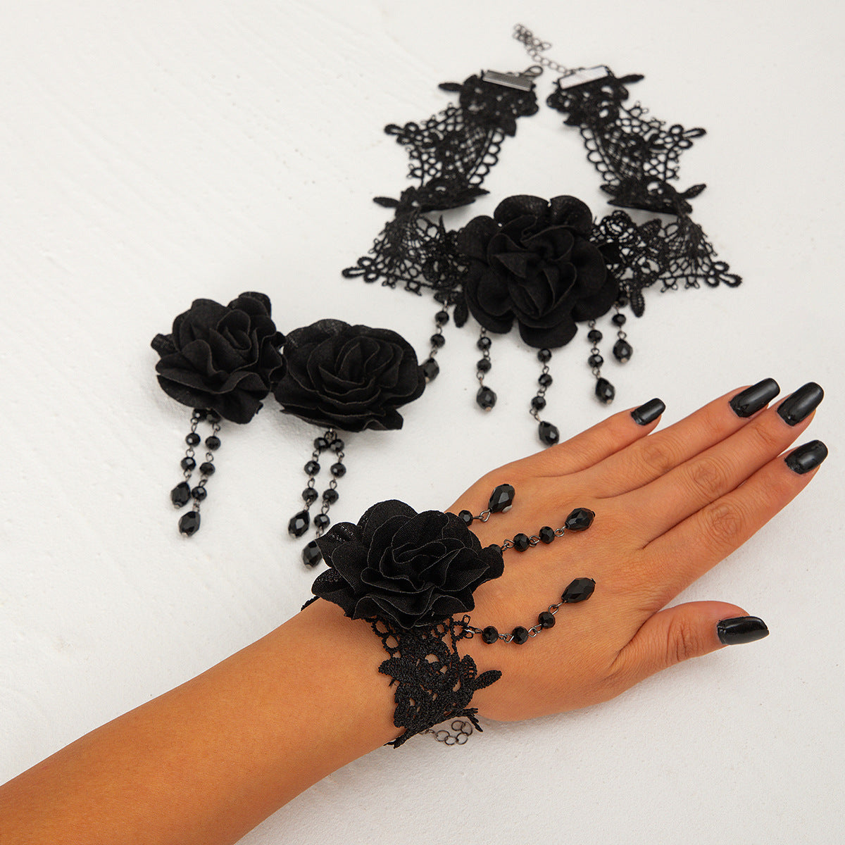 Gothic Geometric Black Lace Tassel Pendant Choker Necklace with Rhinestone Inlay for Women