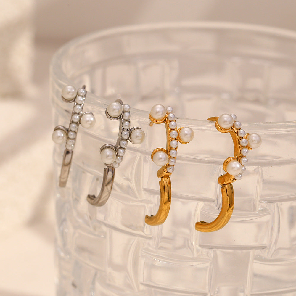 Pendientes Minimalistas Geométricos de Acero Inoxidable con Baño de Oro de 18K y Detalles de Pequeñas Perlas para Mujer