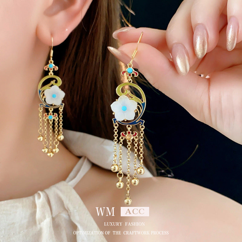 Vintage Floral Earrings with Enamel Finish and Tassel Detail in Alloy with 925 Silver Hooks for Women