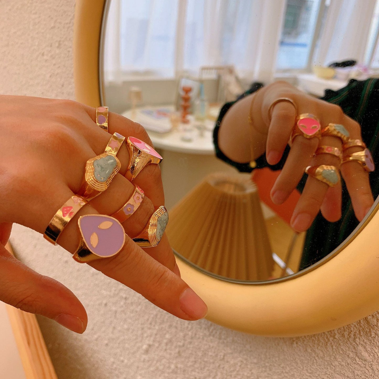 Sweet and Edgy Geometric Heart Smile Ring for Women in Plated Metal with Colorful Enamel Finish