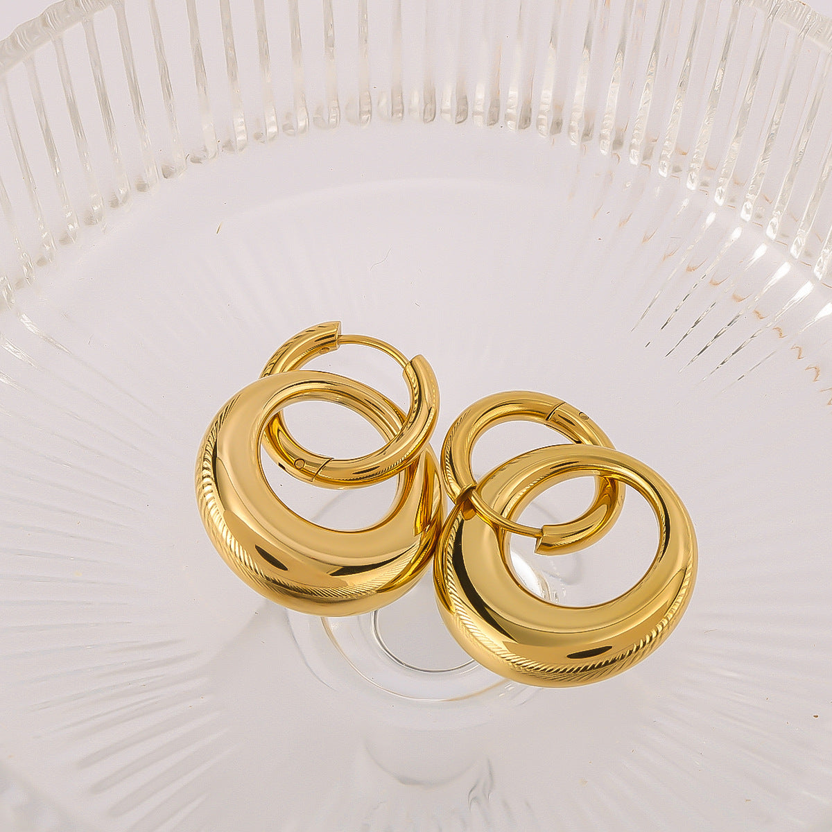 Minimalist Geometric Double Ring Earrings in Stainless Steel with 18K Gold Plating for Women