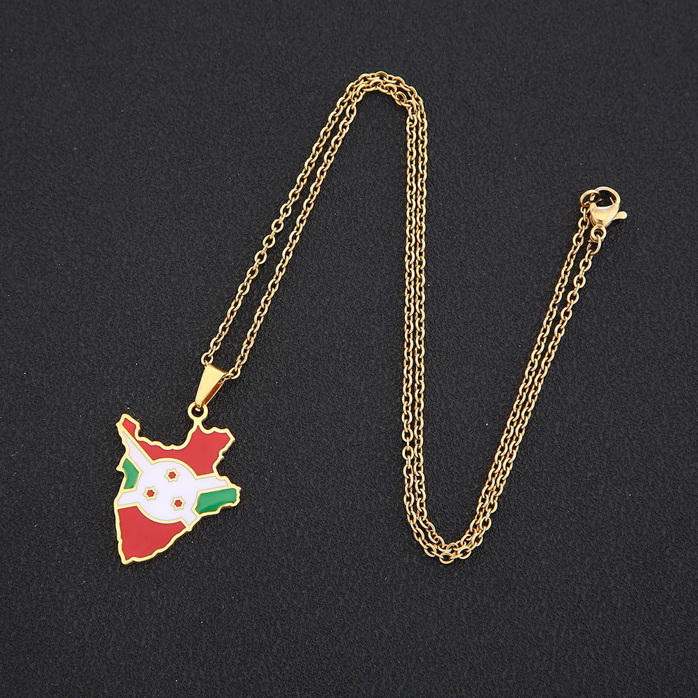 Collar colgante con mapa geométrico de Burundi de acero inoxidable con dije de acero de titanio y acabado chapado para cadena de suéter de moda unisex