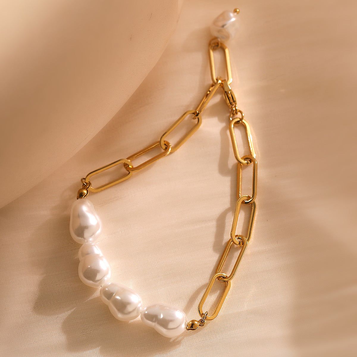 Minimalist Bohemian Geometric Gold Plated Stainless Steel Bracelet with Irregular Pearl for Women