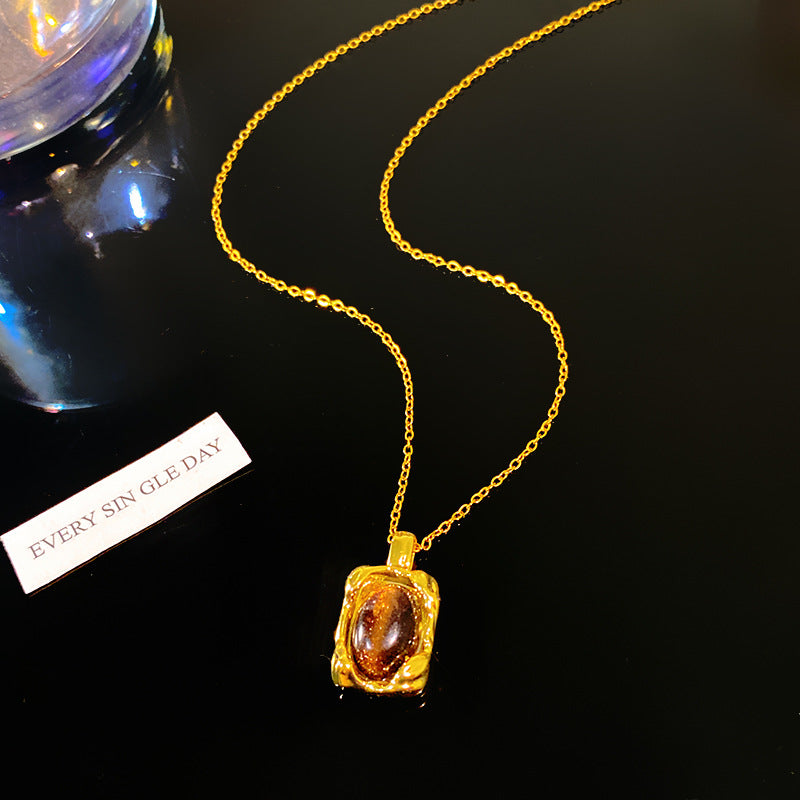 Minimalist Sweet Square Tiger's Eye Plated Titanium Steel Necklace Unisex Cable Chain