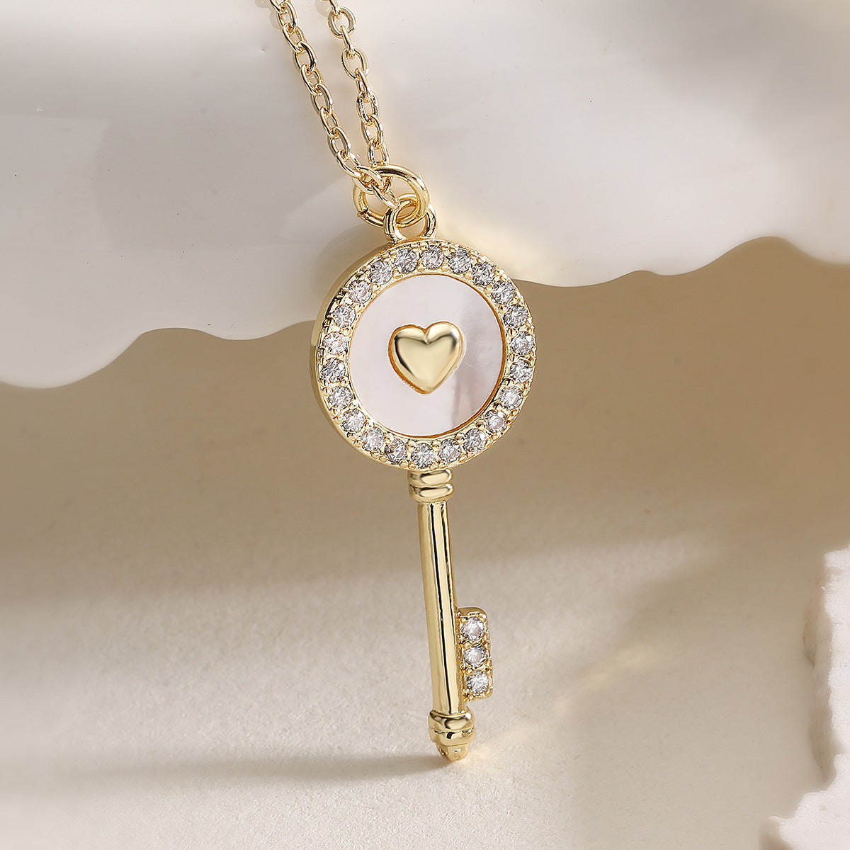 Minimalist Elegant 18K Gold Plated Brass Geometric Key Pendant Necklace with Cubic Zirconia and Shell Inlay for Women