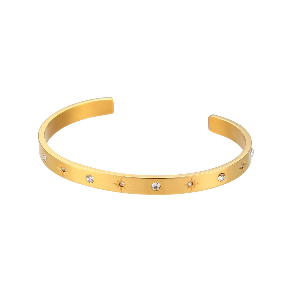 Bracciale minimalista da donna in acciaio al titanio con forma a ottagramma e intarsio in zircone rotondo, polsino in acciaio inossidabile elettroplaccato