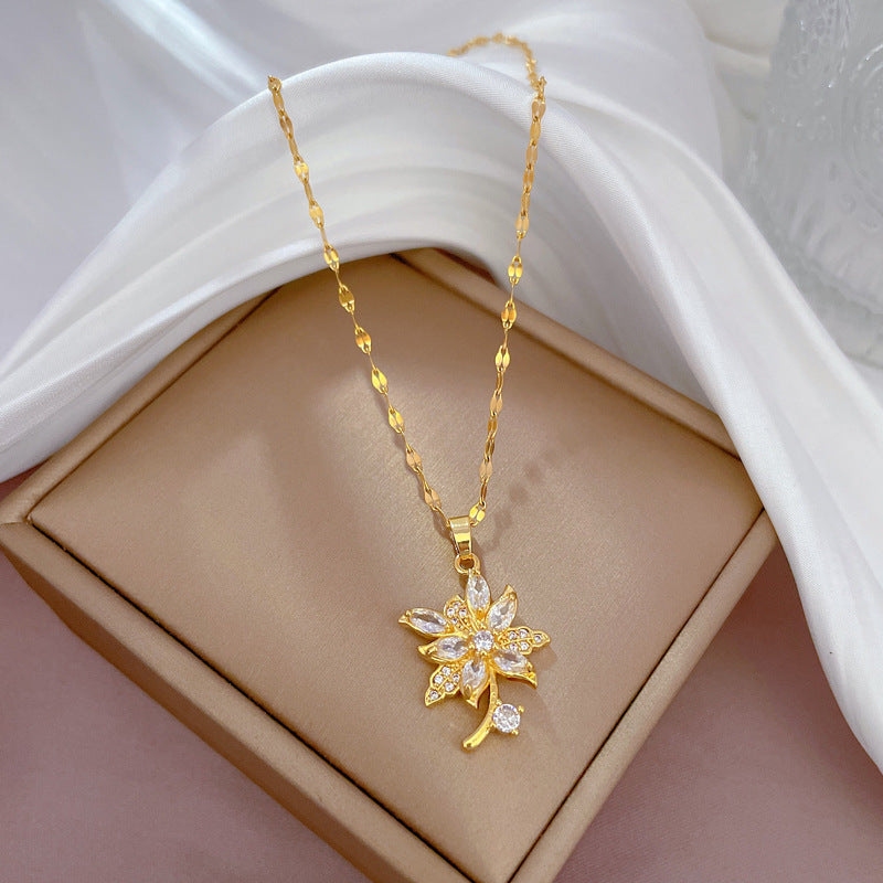 Luxury Titanium Steel Geometric Floral Pendant Necklace with Rhinestone Inlay for Women and Men
