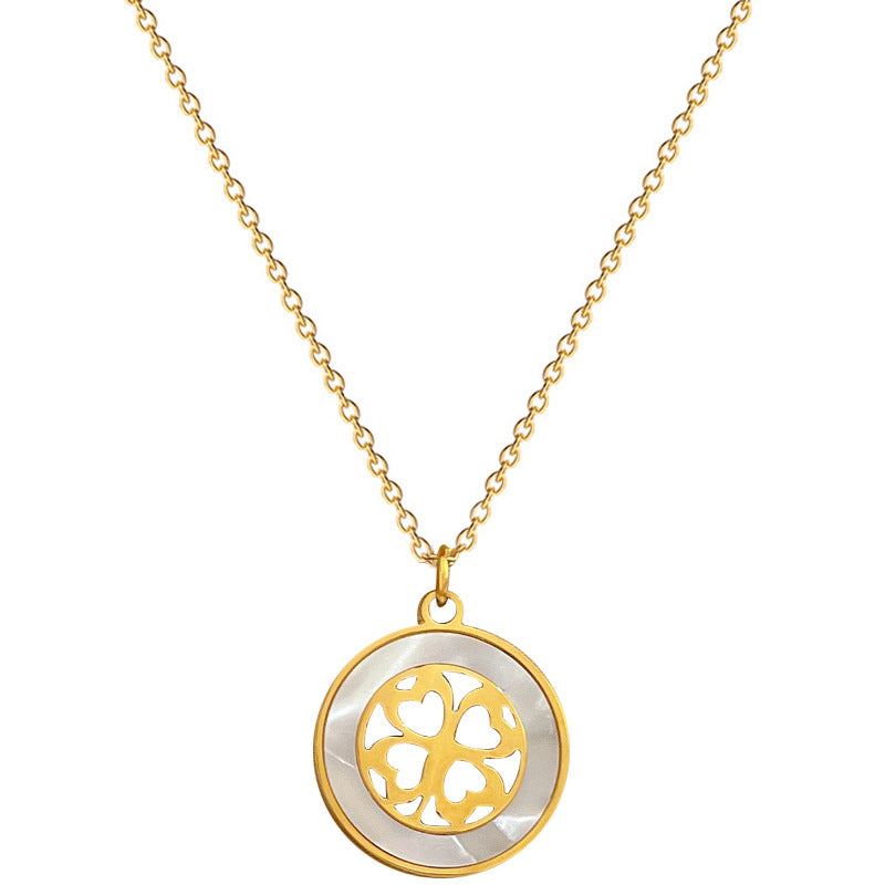 Minimalist Geometric Clover Shell Pendant Necklace for Women and Men in Titanium Steel with Gold Plating