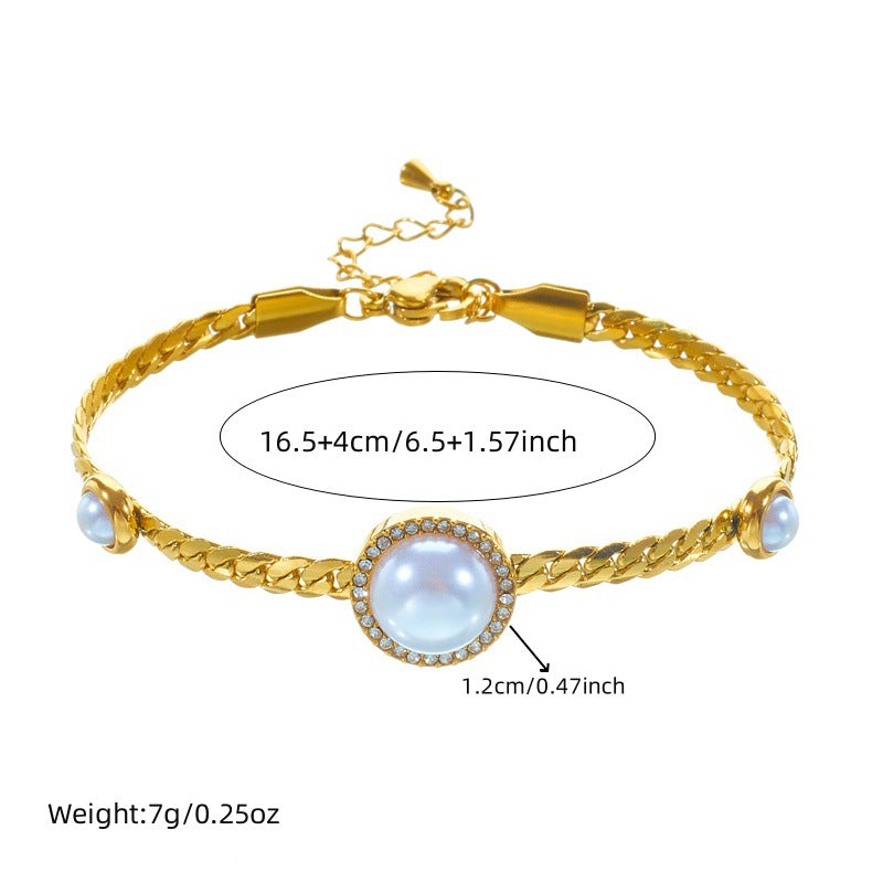 Minimalist Elegant Round Pearl Rhinestone Inlay Stainless Steel Necklace and Bracelet Set with Rope Chain