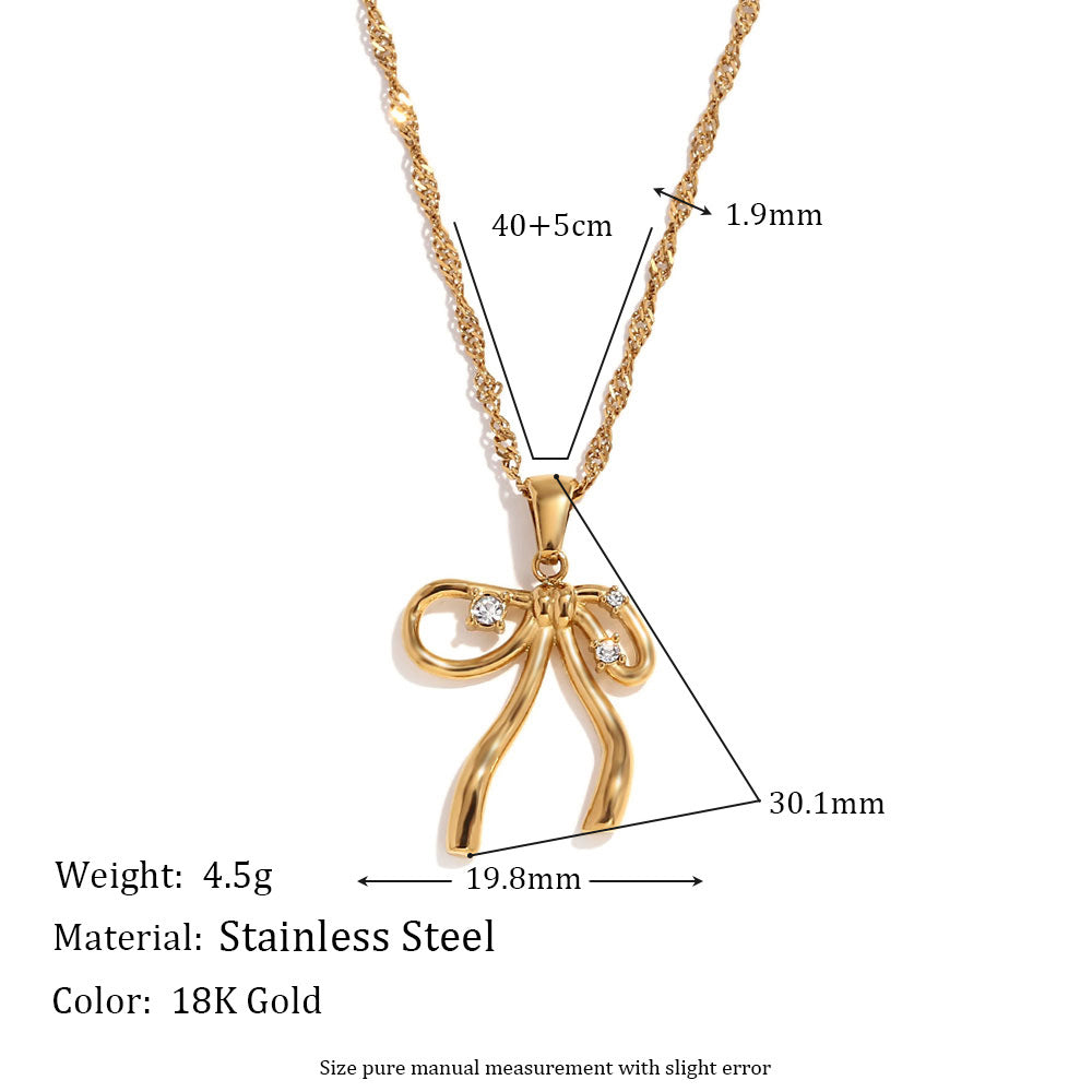 Collar de mujer de acero inoxidable chapado en oro de 18 quilates con forma de lazo de moda con detalles de diamantes de imitación