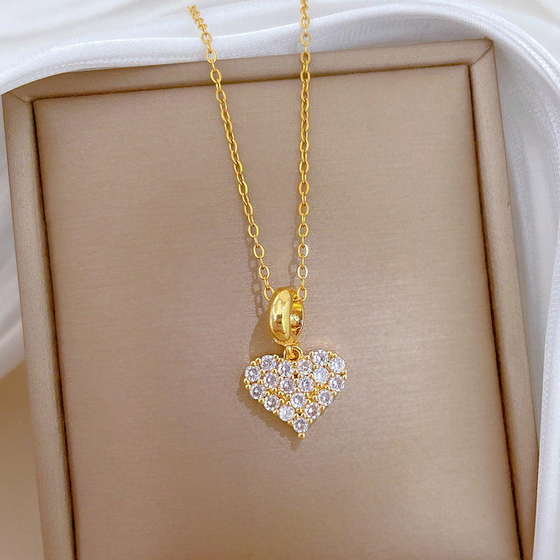 Sweet Heart Rhinestone Titanium Steel Necklace Unisex Cable Chain