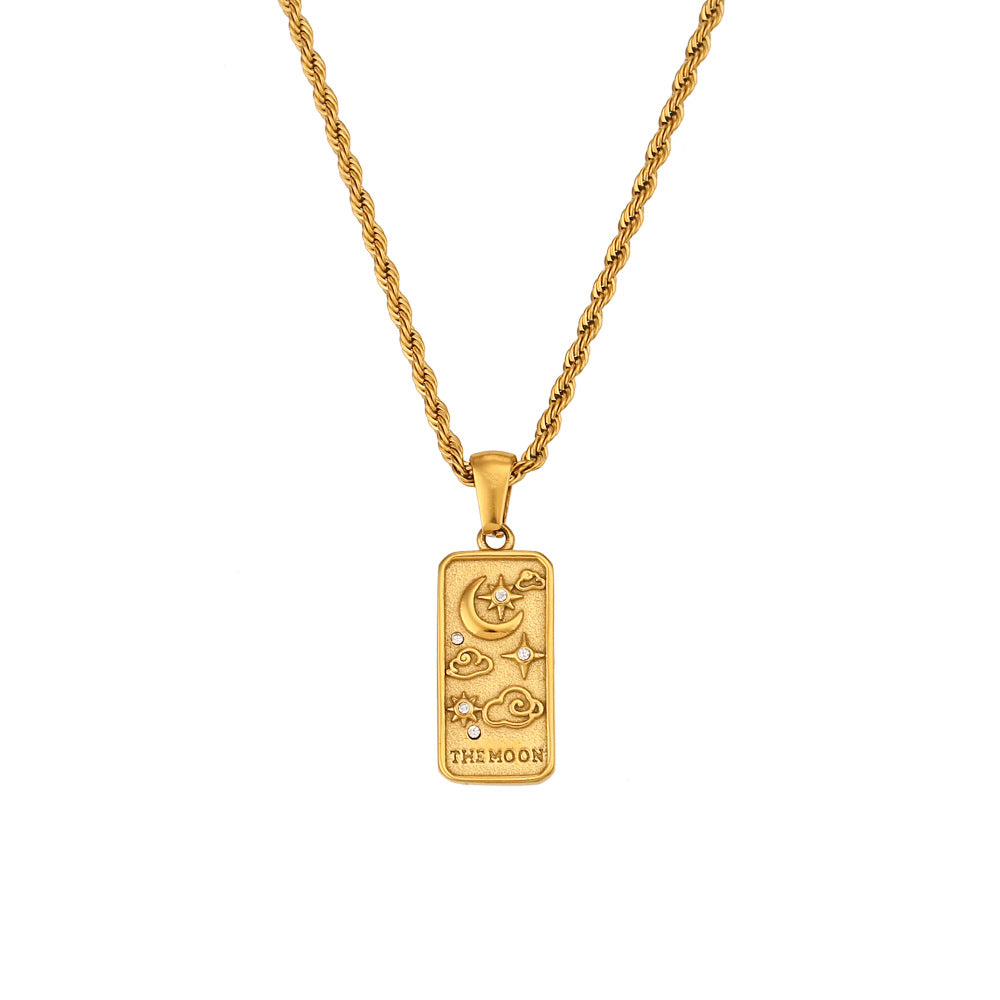 Fashionable Vintage Rectangular Titanium Steel Pendant Necklace with Enamel Finish and Zircon Inlay for Women