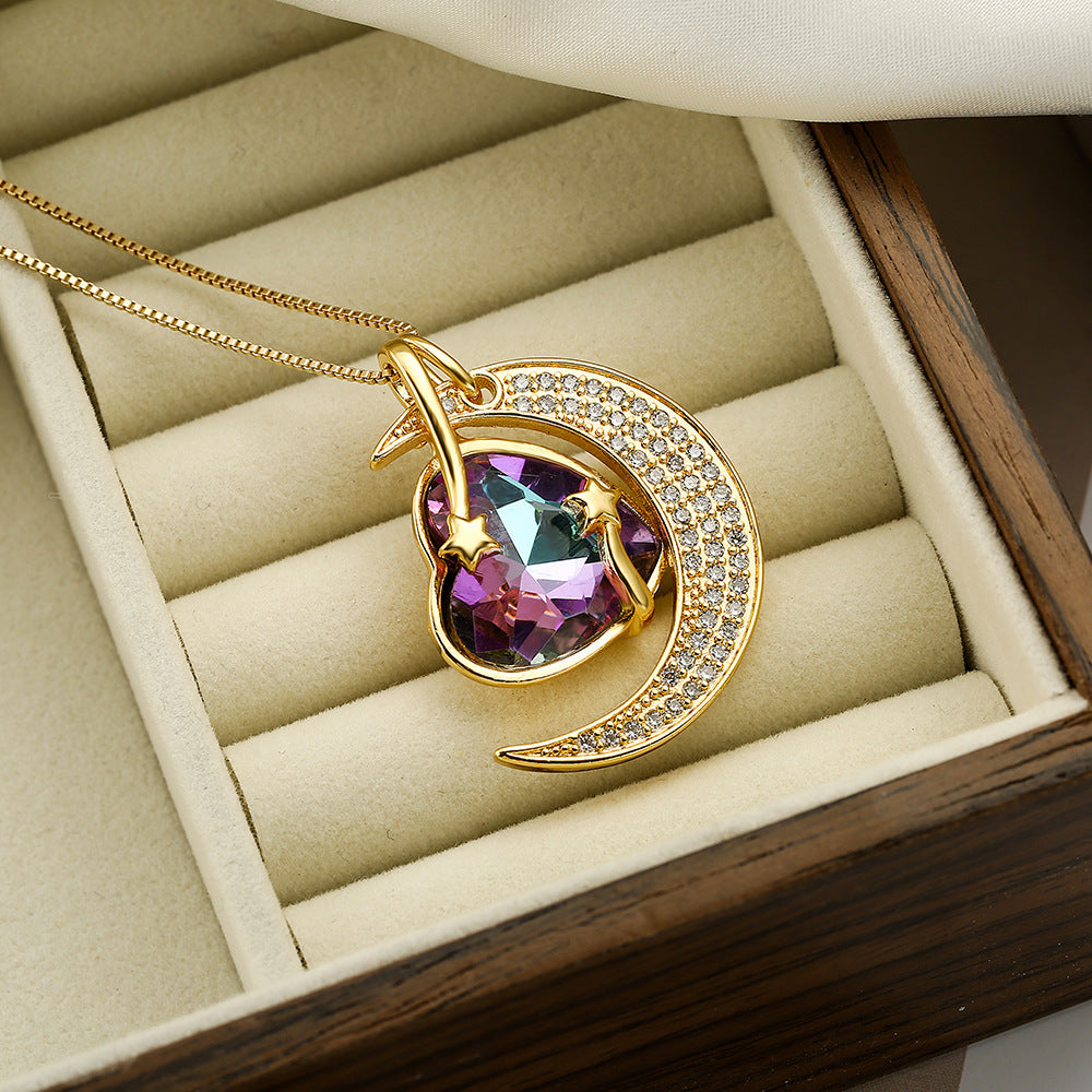 Geometric Moon and Star Pendant Necklace for Women with Copper Base Plated in 18K Gold and Zircon Inlay