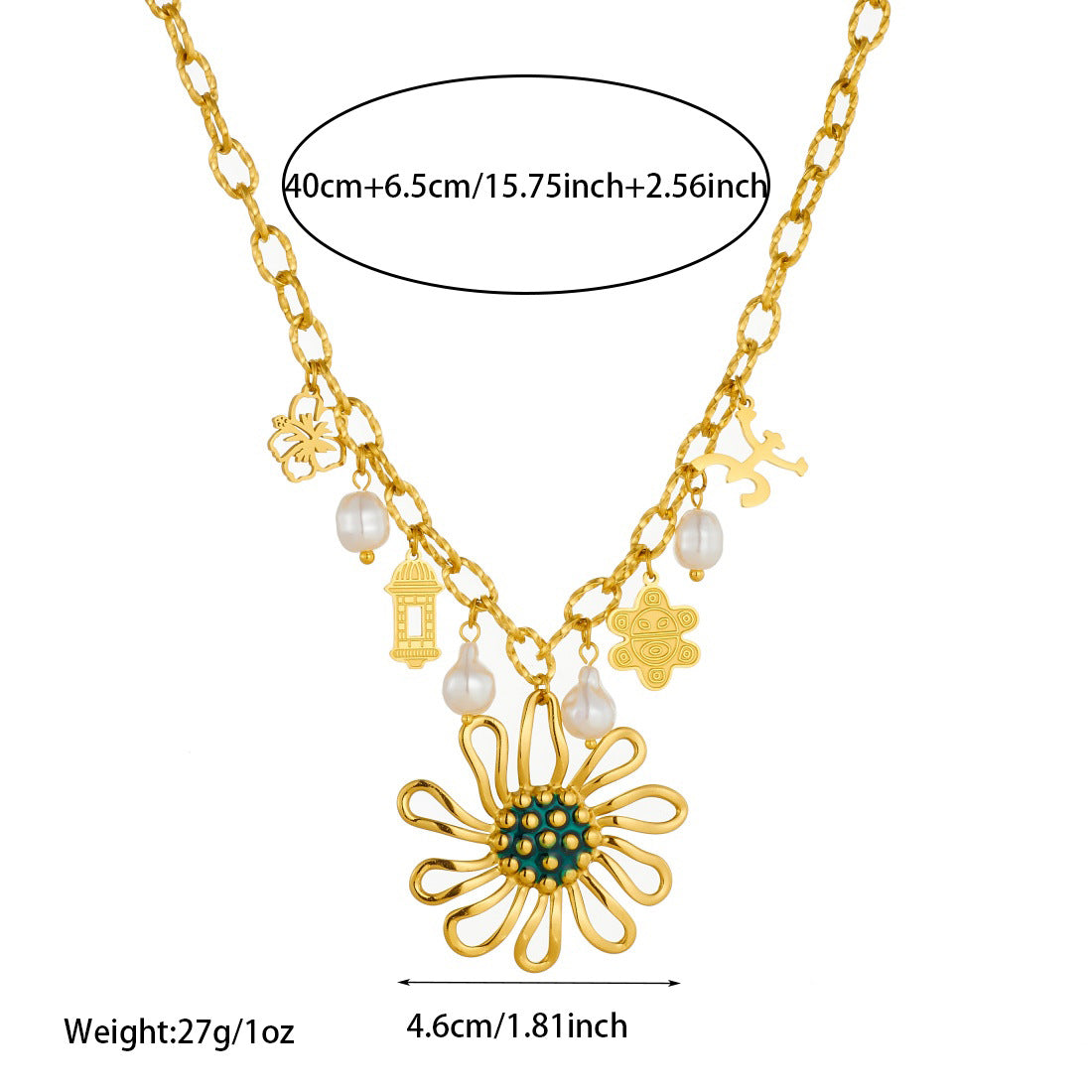 Gold Plated Stainless Steel Sunflower Charm Bar Necklace with Cable Chain for Women