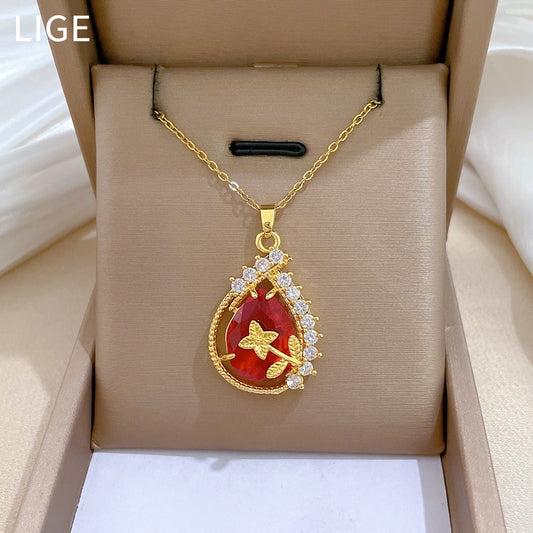 Vintage-Style Teardrop-Shaped Stainless Steel Necklace with Rhinestone Inlay for Women, Delicate Clavicle Chain