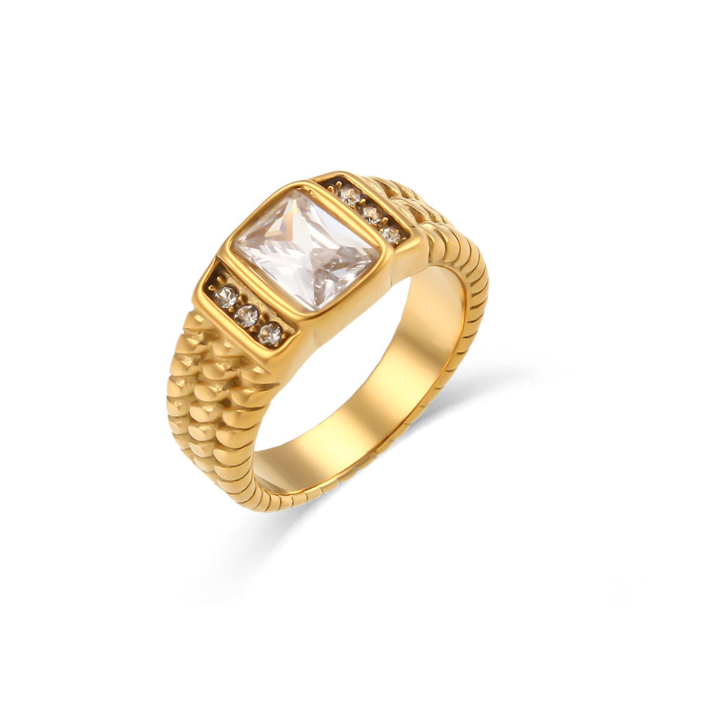 Anello di lusso geometrico in acciaio inossidabile con placcatura in oro 18 carati e dettagli in zirconi quadrati