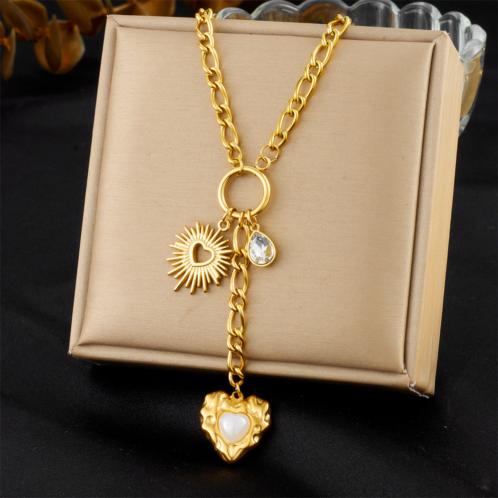 Fashion Stainless Steel Plated Long Tassel Necklace with Heart Floral Round Moon Sun Teardrop Shapes and Rhinestone Accents for Women