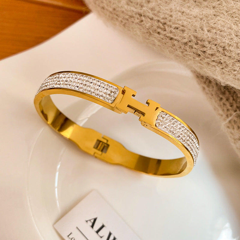 Paved Rhinestone Letter Open Cuff Titanium Steel Bracelet for Women