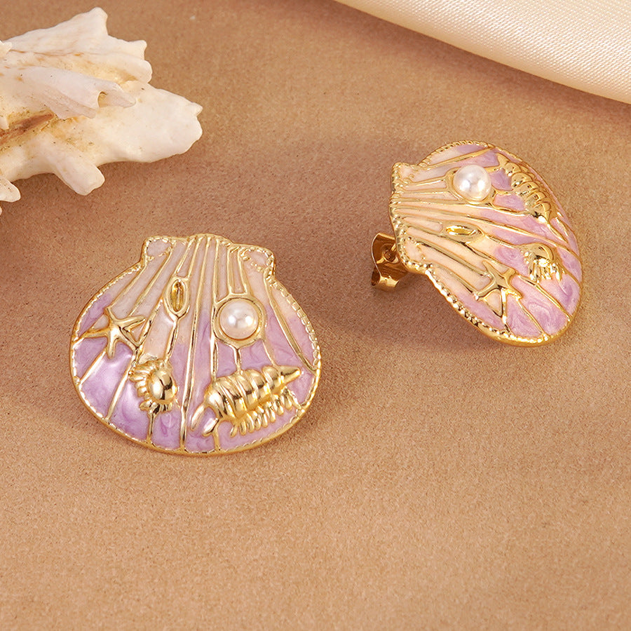 Sweet Geometric Stainless Steel Drip Oil Shell Starfish Earrings