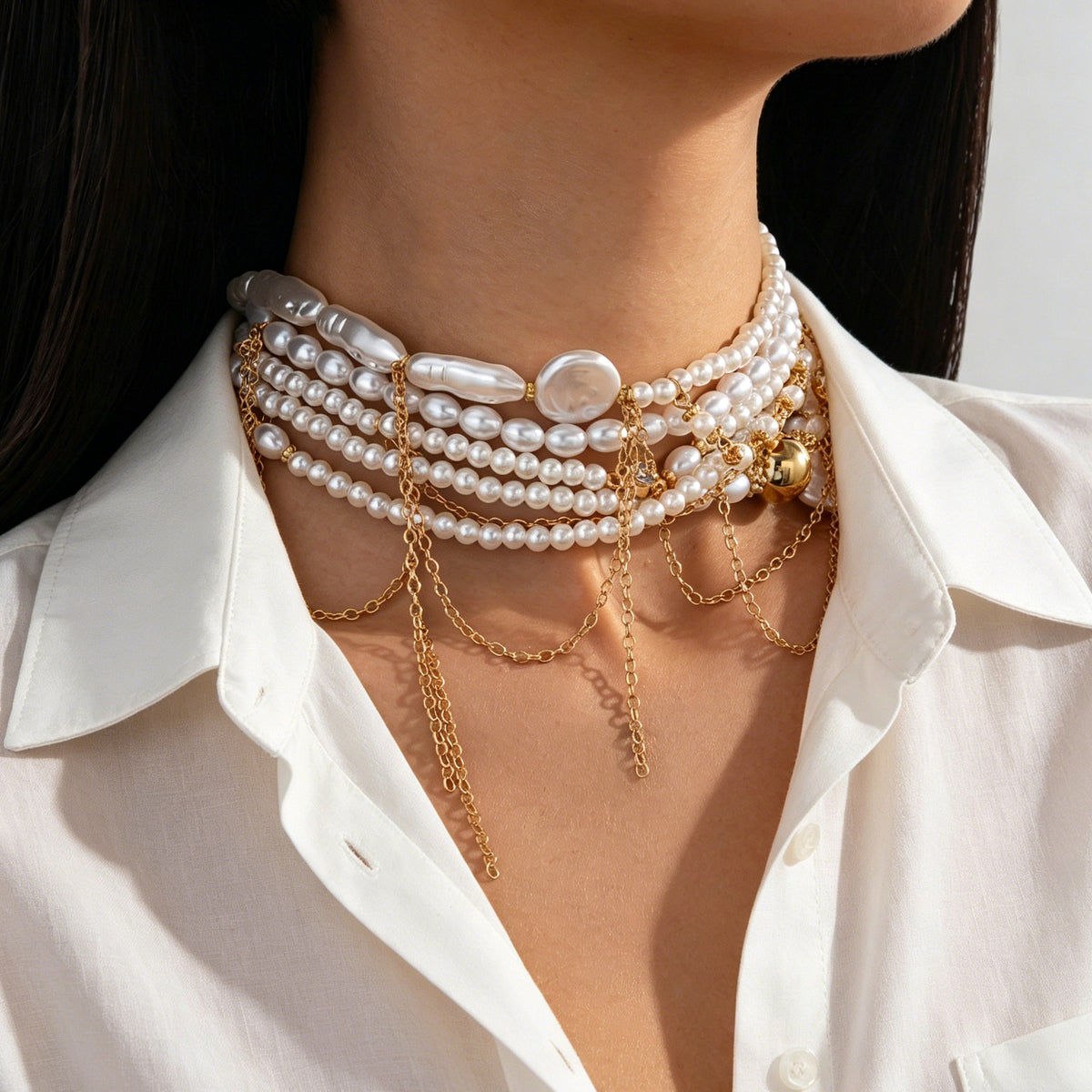 Sweet Geometric Baroque Pearl Tassel Pendant Necklace Multi-layer Ball Chain for Women