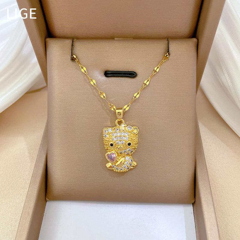 Collana Pendente Gatto Lusso Dolce Geometrico Strass in Acciaio al Titanio Unisex