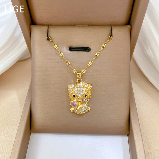 Luxury Sweet Geometric Rhinestone Cat Pendant Necklace in Titanium Steel for Unisex
