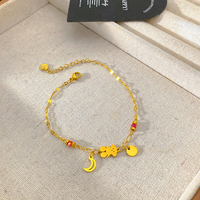Sweet Casual Colorful Beaded Moon and Bear Titanium Steel Bracelet
