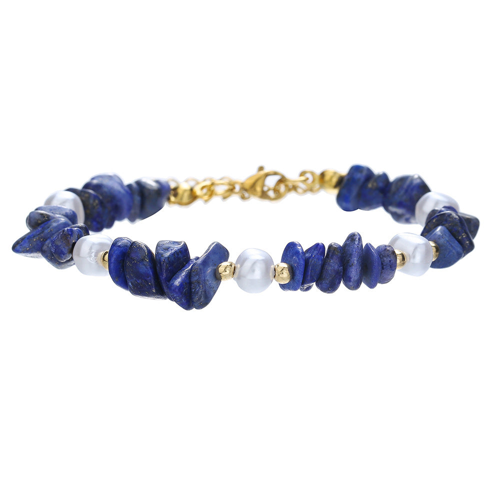 Geometric Style Lapis Lazuli and Freshwater Pearl Bracelet in Stainless Steel for Women and Men