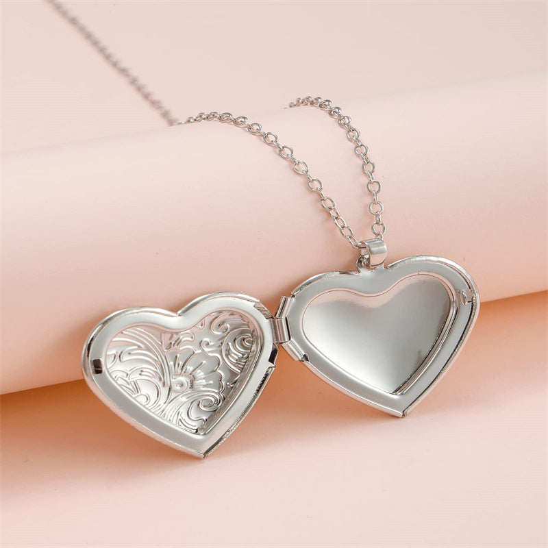 Natural Style Heart-Shaped Stainless Steel Necklace with Openable Photo Frame Pendant and Polished Finish for Women