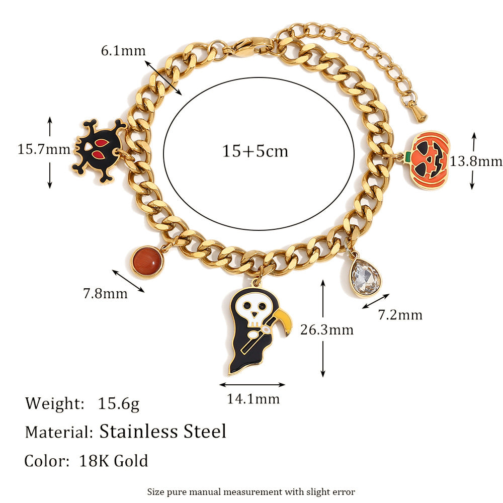 Cute and Playful Halloween Pumpkin Skull Pendant Bracelet in Stainless Steel with 18K Gold Plating, Geometric Design, Fashionable Office Wear Style