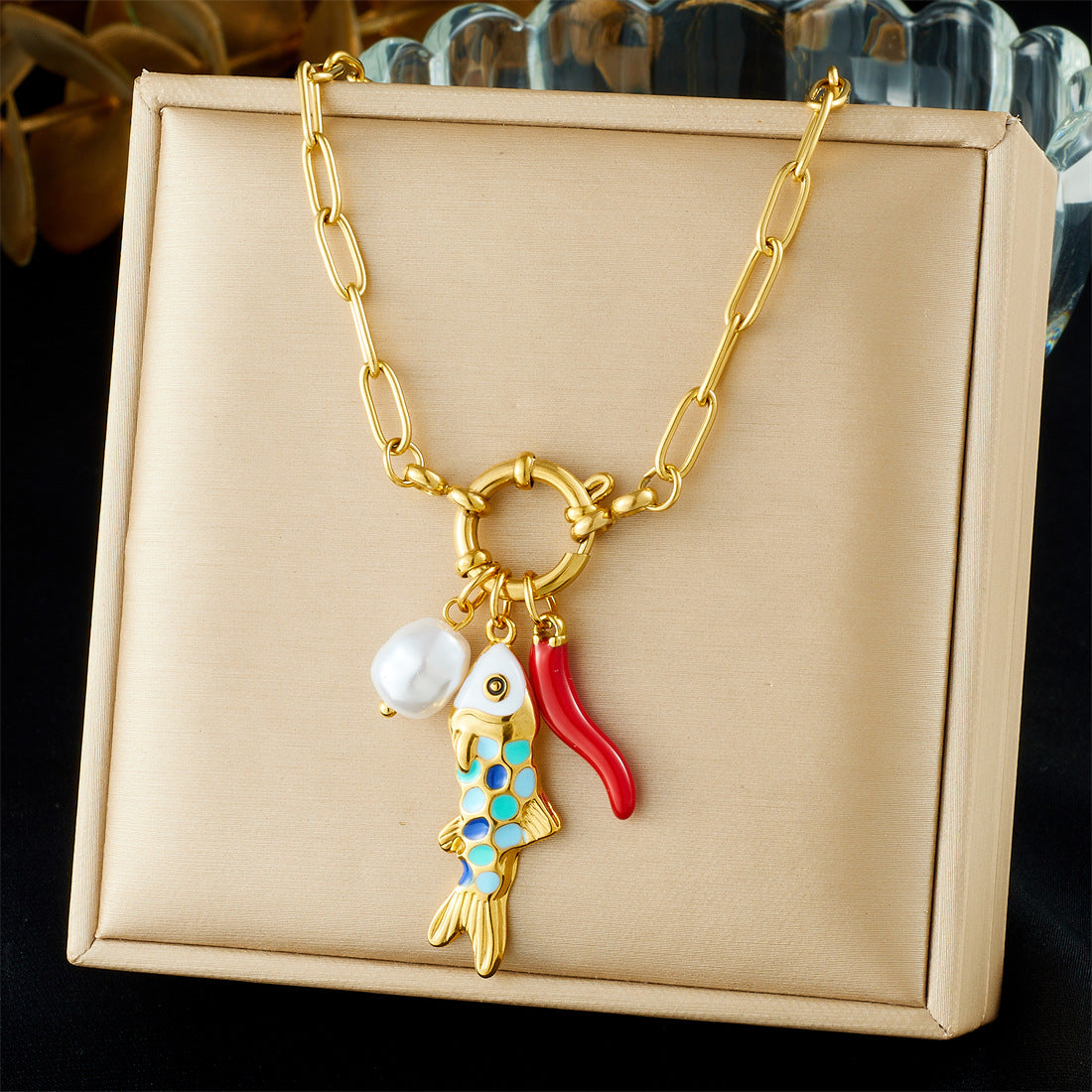 Colorful Drip Oil Fish Pendant with Imitation Pearl Stainless Steel Curb Chain Necklace for Women