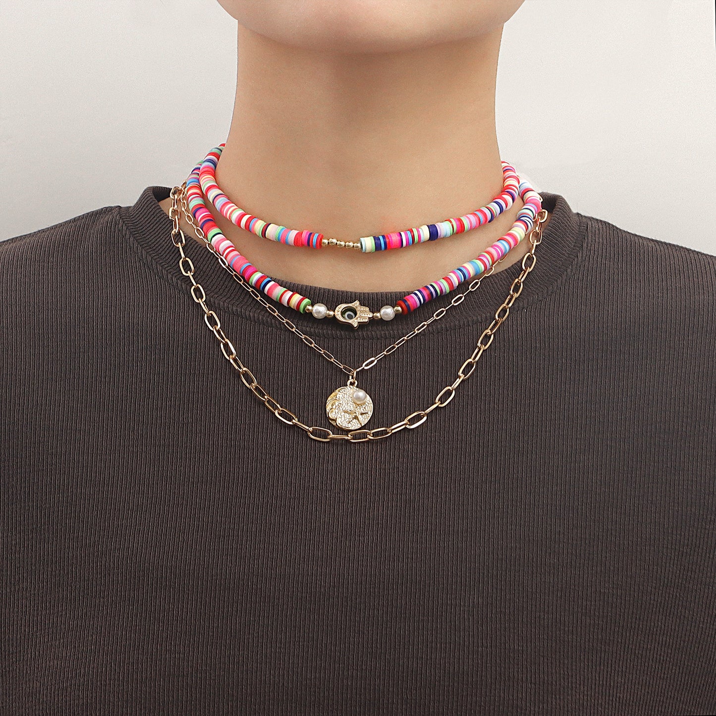 Bohemian Multilayer Polymer Clay Evil Eye Necklace for Women with Geometric Pendant, Alloy Chain, Electroplated Finish