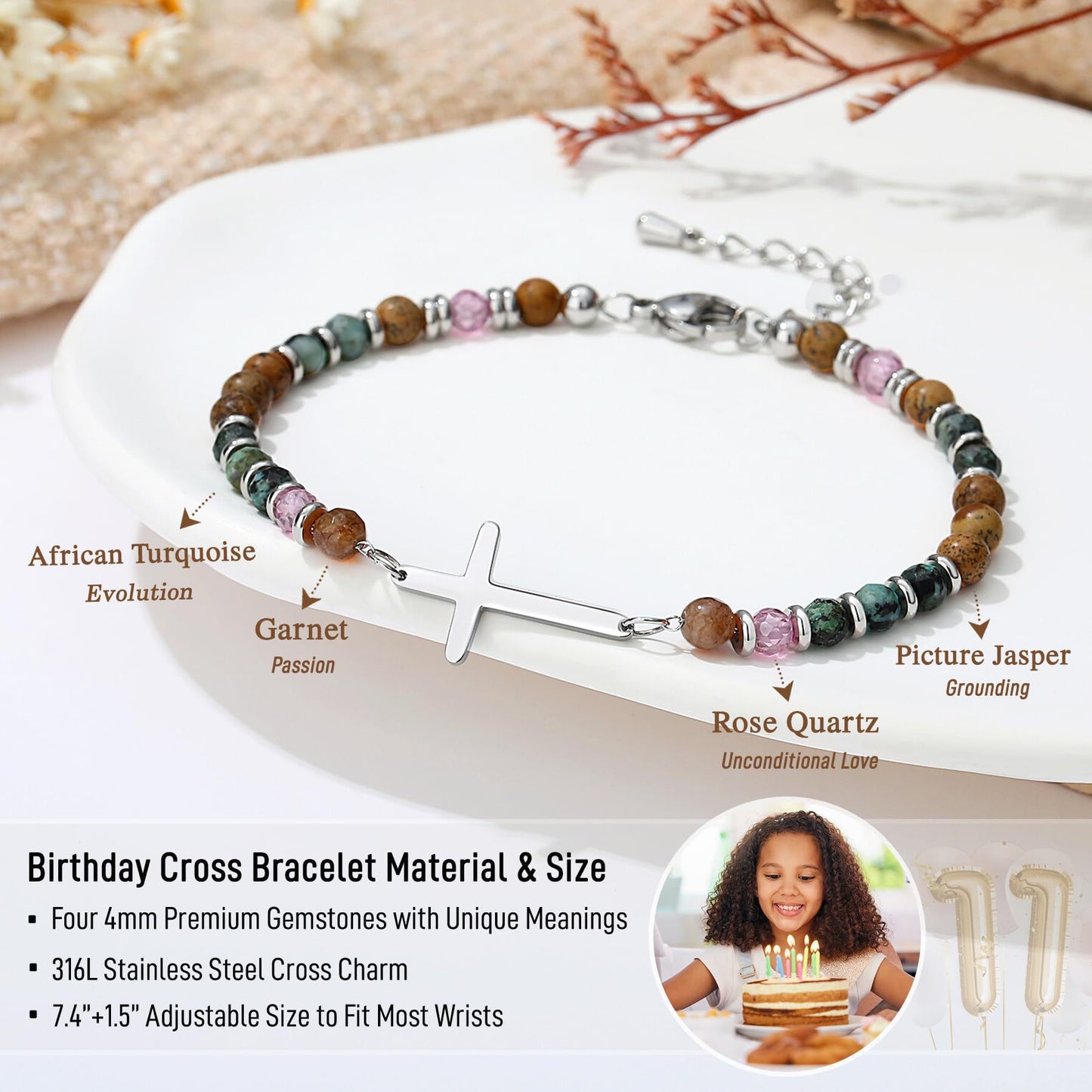 Minimalist Natural Stone Cross Bracelet with Silver Spacer Beads Adjustable Chain