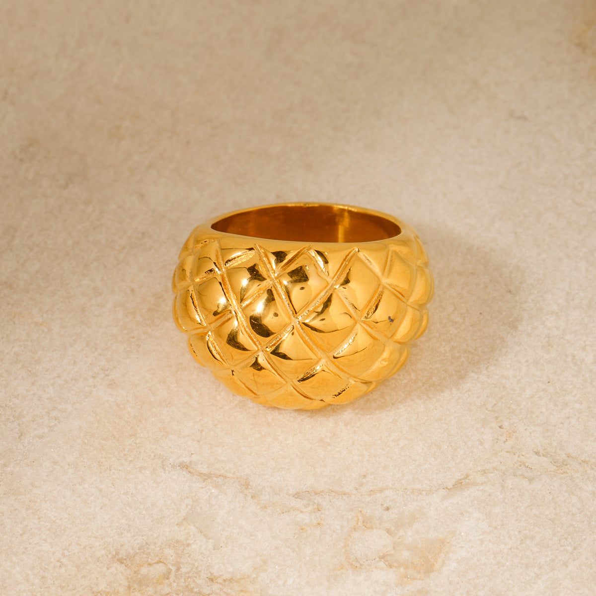 Minimalist Geometric Titanium Steel Ring with 18K Gold Plating and Diamond-Grid Texture for Women