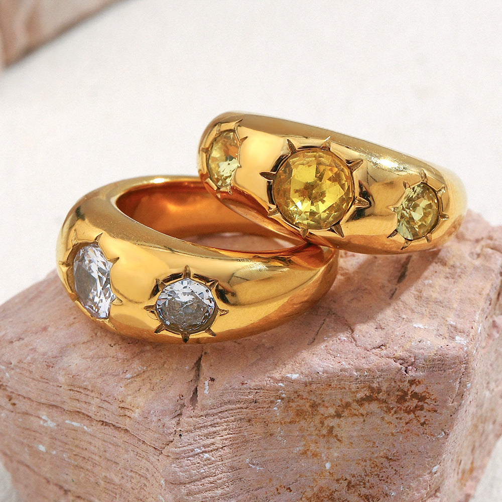 Minimalist Geometric Stainless Steel Ring with 18K Gold Plating and Three Zirconia Stones for Women