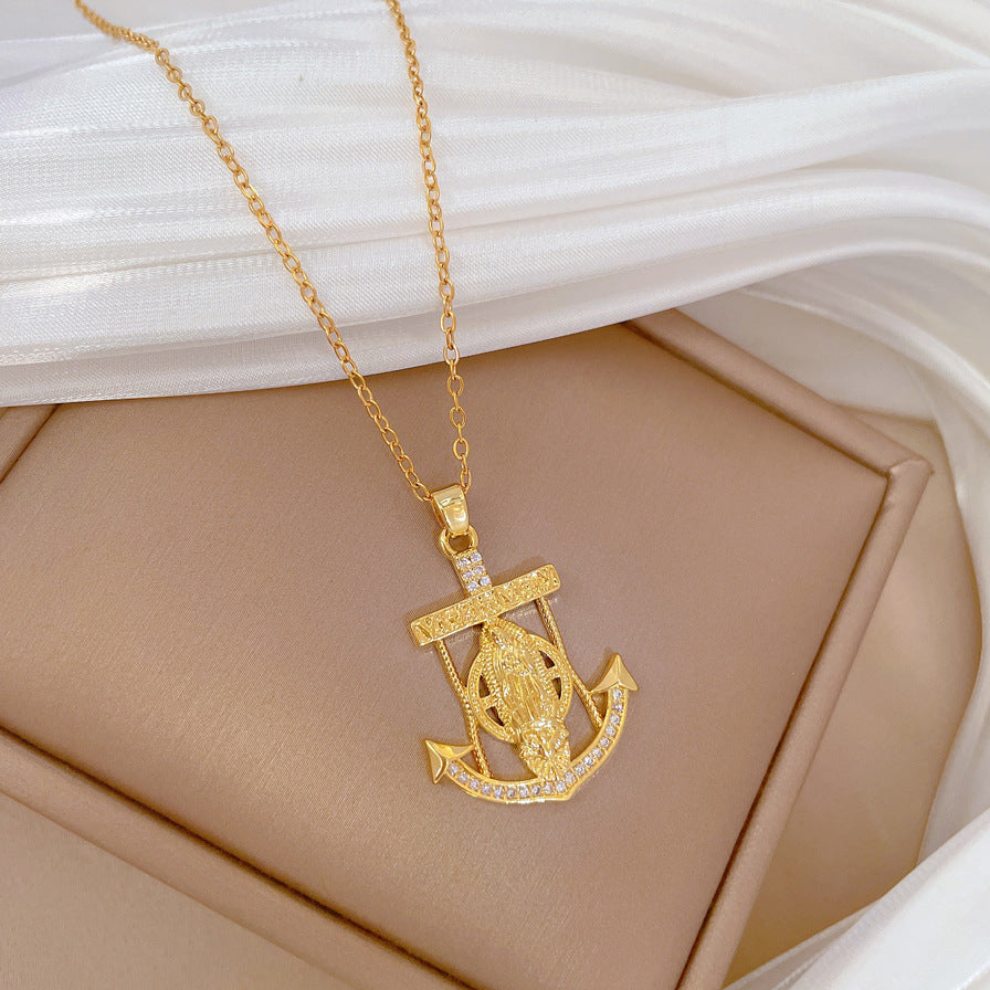 Cartoon Style Anchor Pendant Necklace for Women and Men with Titanium Steel Chain Geometric Shape Stainless Steel Base Full Rhinestone Accented Elegant Clavicle Chain