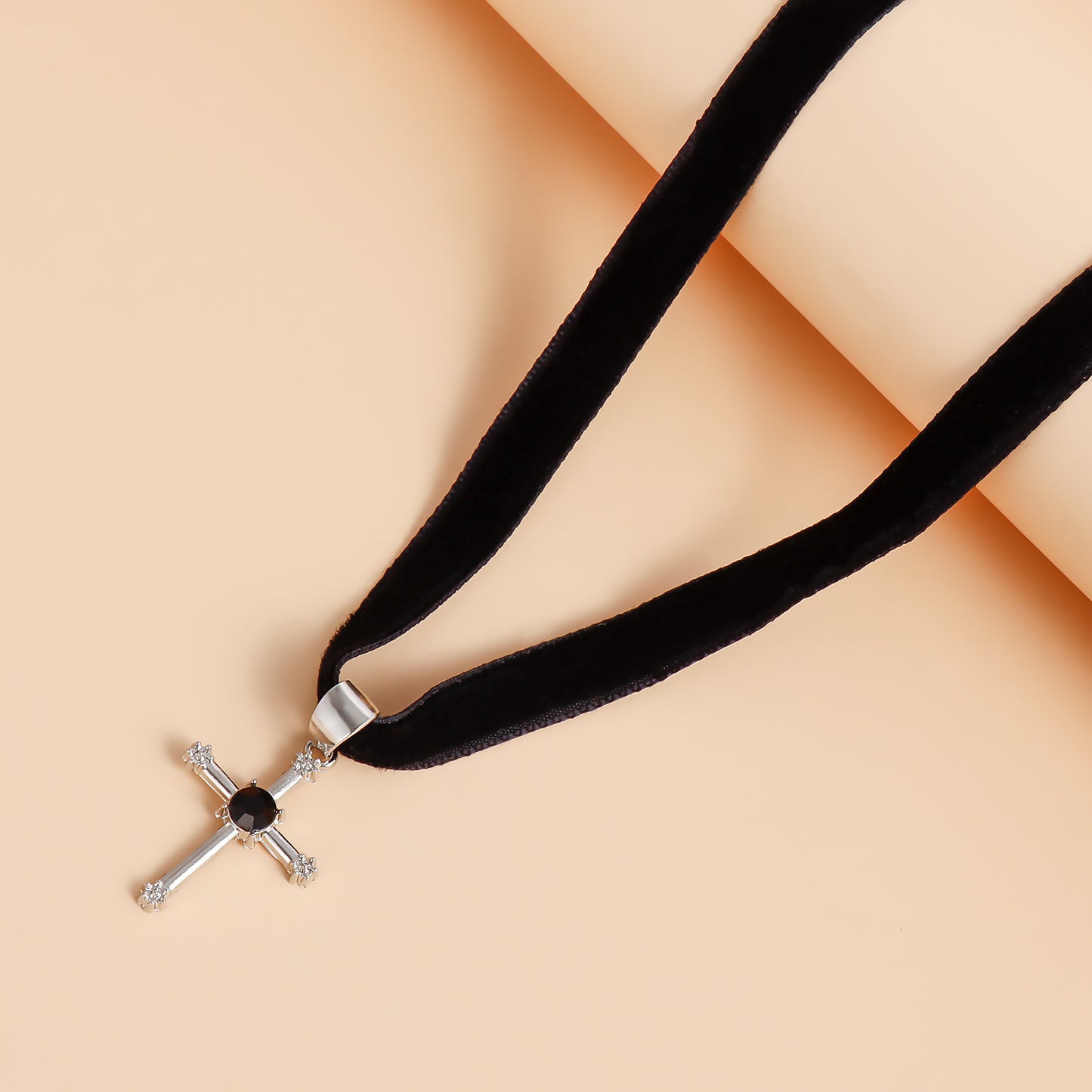 Gothic Style Cross Pendant Necklace with Black Satin Ribbon Short Clavicle Chain Alloy Plated Jewelry for Women