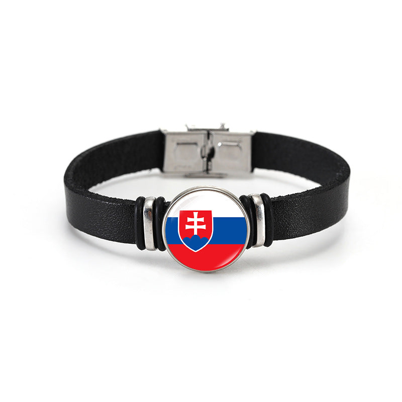 Geometric Plated Leather Bracelet Unisex World Cup Flag Design Casual Wristband
