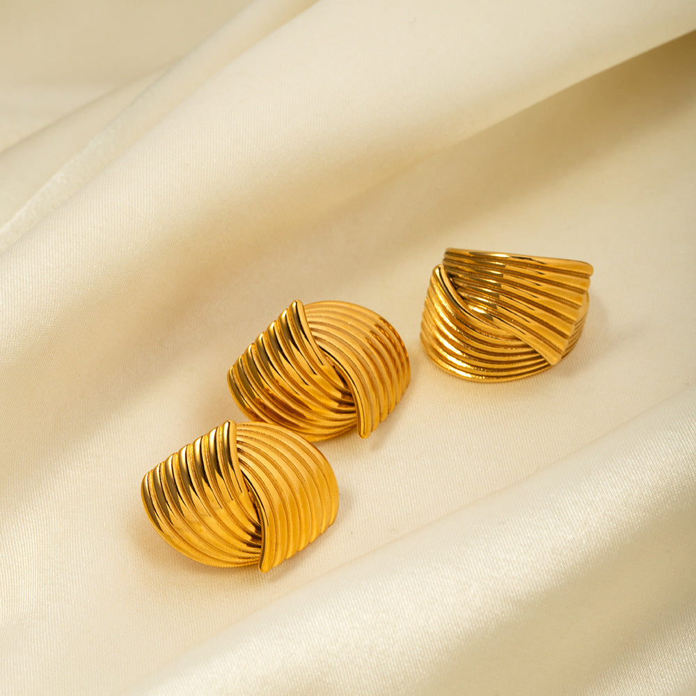 Minimalist Geometric Stainless Steel Ring with 18K Gold Plating and Woven Texture for Women