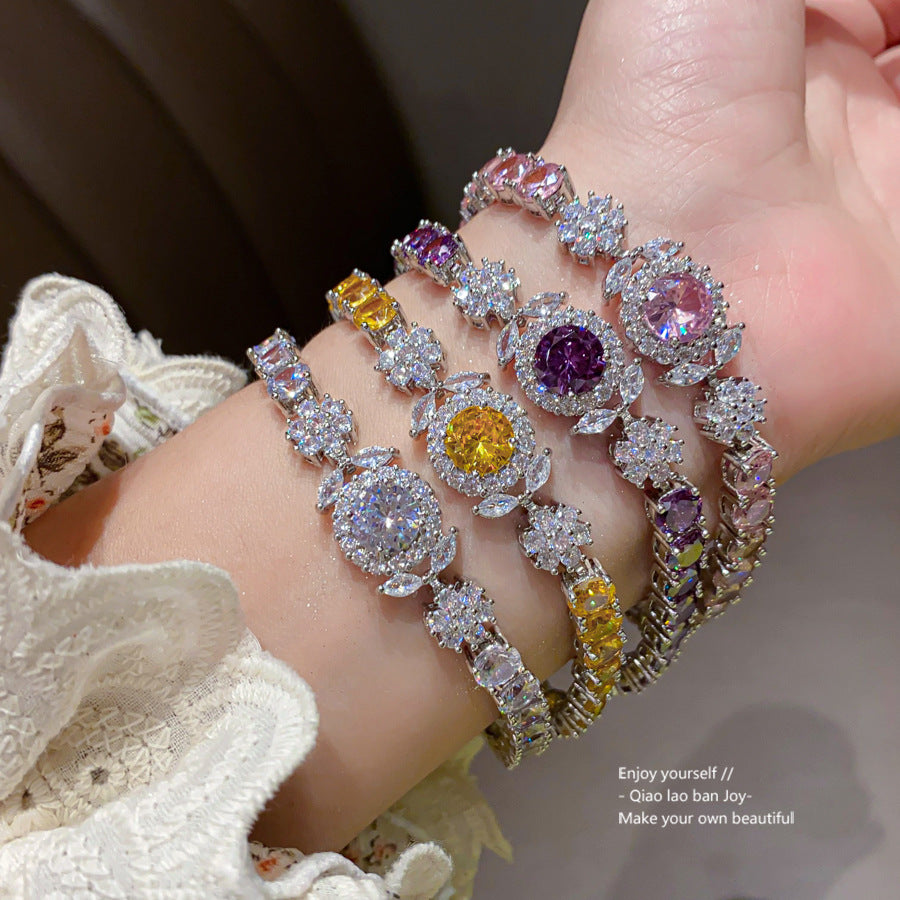 Luxury Elegant Round Floral Geometric Brass Bracelet with Cubic Zirconia Inlay for Women