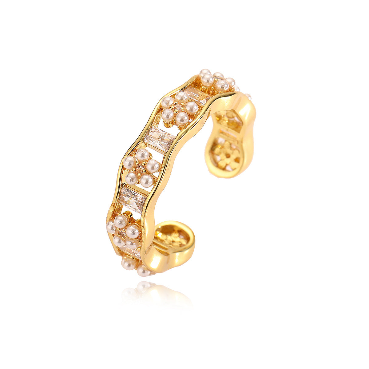 Minimalist Geometric Open Ring for Women Made of Brass with 18K Gold Plating, Zircon and Pearl Inlay