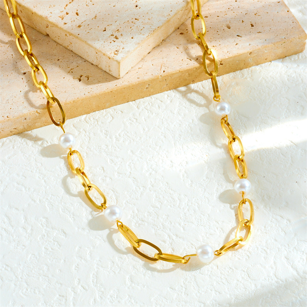 Fashion Gold Plated Stainless Steel Curb Chain Necklace with Pearl Accent for Women