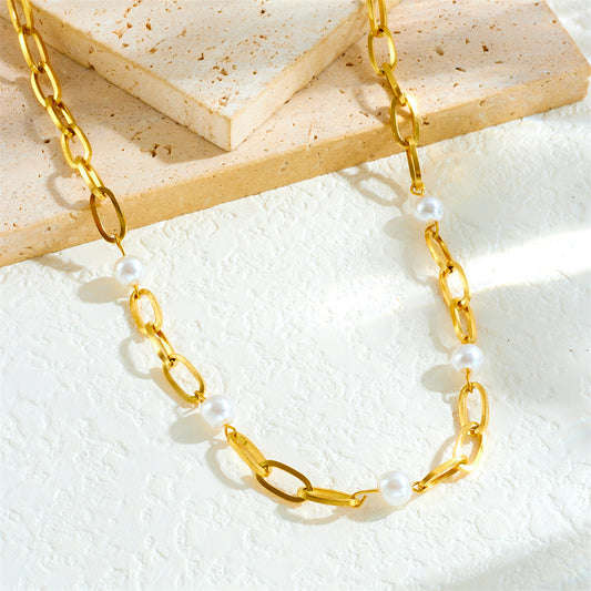 Fashion Gold Plated Stainless Steel Curb Chain Necklace with Pearl Accent for Women